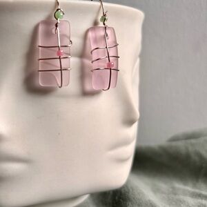 Handcrafted Pink Sea Glass Wire-Wrap Drop Earrings